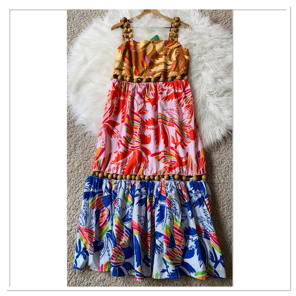 NWT Anthropologie Farm Rio Mixed Color Birds Balls Maxi Dress Size Medium